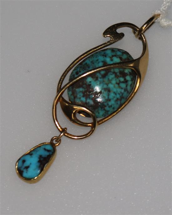 An early 20th century Art Nouveau 15ct gold and turquoise set drop pendant by Murrle Bennett & Co, 1.75in.